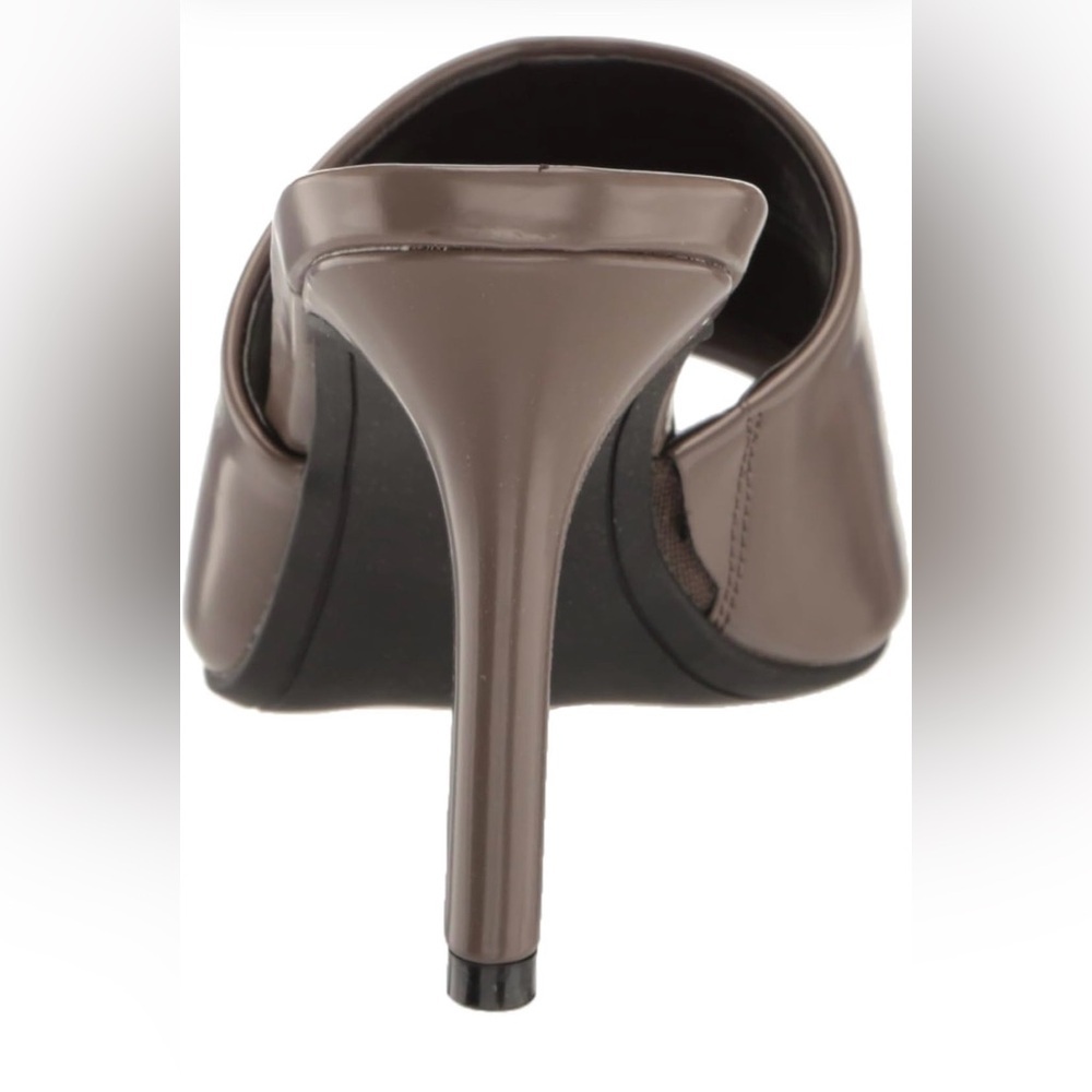 DKNY Taupe Patent Leather Square Toe Stiletto Mules Metallic Detail High Heels - Picture 6 of 14